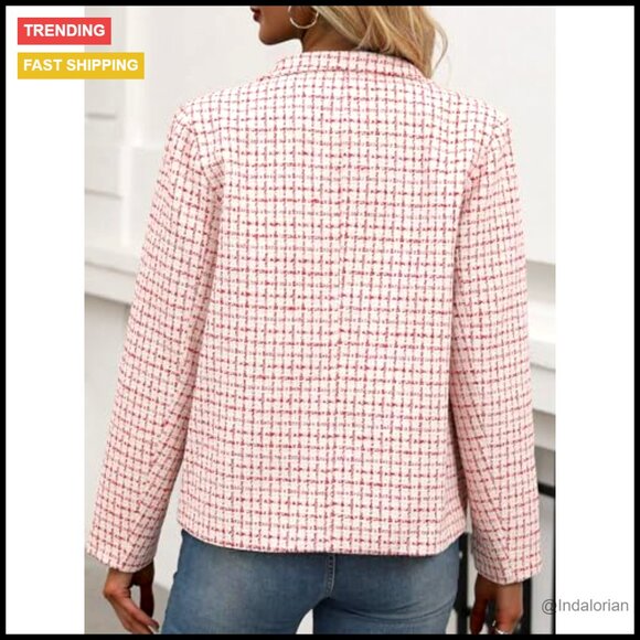 Slim Fit Tweed Blazer Notched Lapel Plaid Pattern Business Casual Jacket - Picture 3 of 3